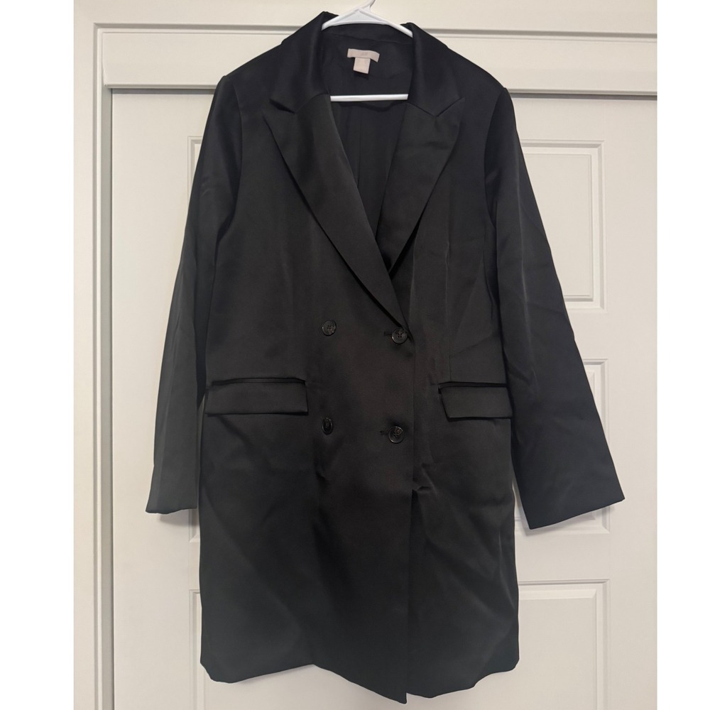 H&M sz XL Women Satin Double Breasted Black Lined Blazer Dress Career Party Chic - Picture 5 of 11